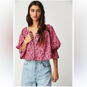 Free People James Smocked Top, S, Rose Combo